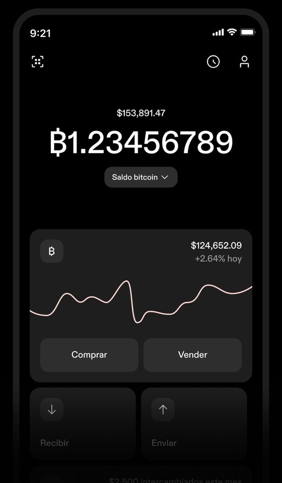 Pantalla de inicio de la app de Strike: saldo en bitcoin, botones para comprar y vender, y accesos para recibir y enviar
